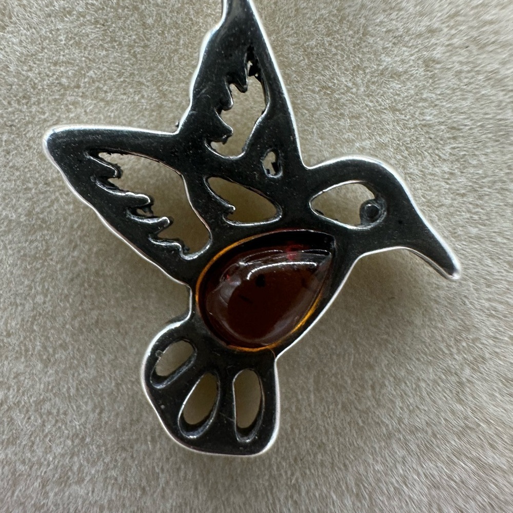 Silver and Amber Hummingbird Pendant Necklace on Silver Plated Snake Chain - Picture 8 of 8